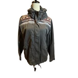 Roxy Women's Gray Hooded Military Jacket Aztec Pattern Sz youth L Womens Small